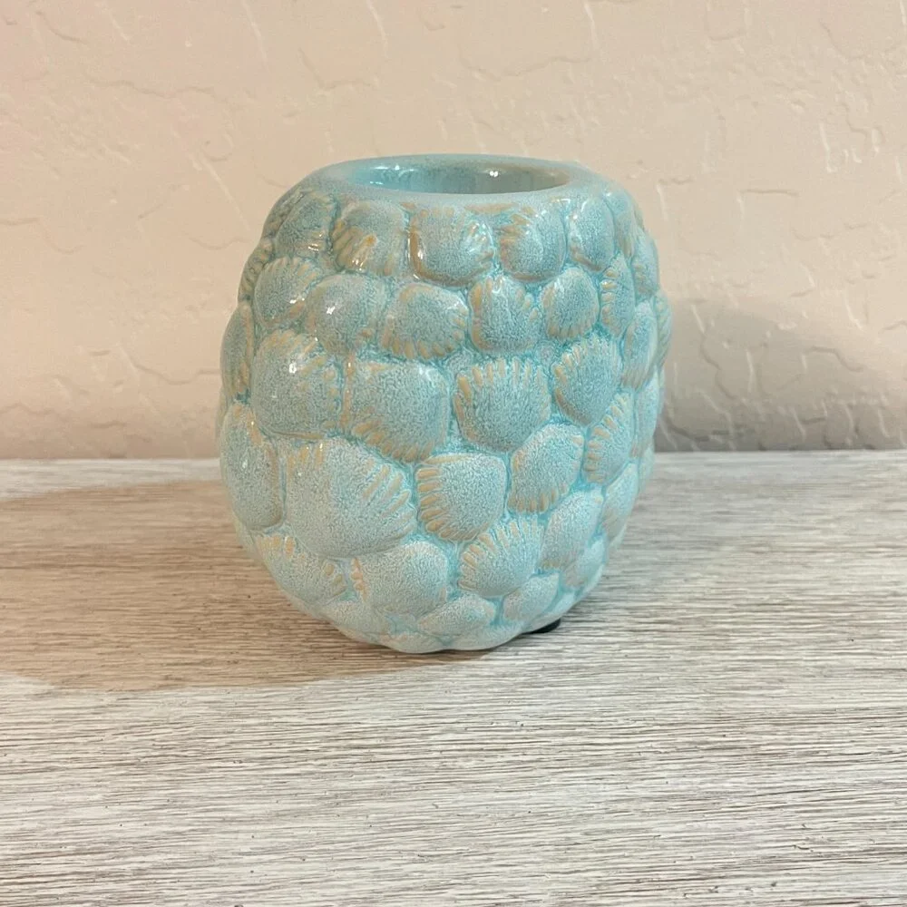 Sanibel Home Blue Sea Shell Candle Holder Votive Ocean Beach Coastal Ceramic